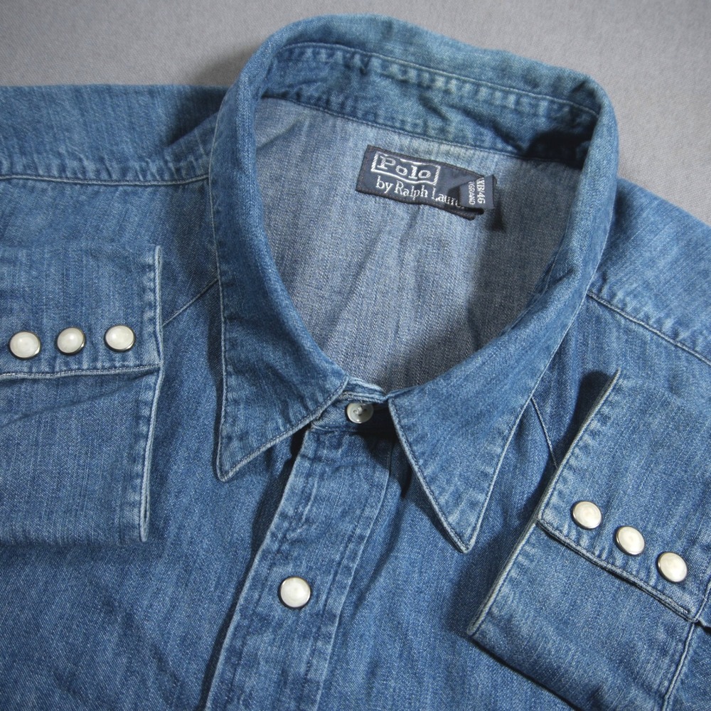 VTG Polo Ralph Lauren Western Pearl Snap Shamry Denim Men Shirt 4XB Cowboy Rodeo